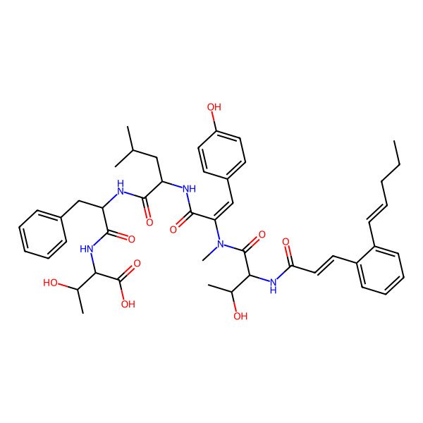 2D Structure of (2S)-3-hydroxy-2-[[(2R)-2-[[(2S)-2-[[(E)-2-[[(2S,3S)-3-hydroxy-2-[[(E)-3-[2-[(Z)-pent-1-enyl]phenyl]prop-2-enoyl]amino]butanoyl]-methylamino]-3-(4-hydroxyphenyl)prop-2-enoyl]amino]-4-methylpentanoyl]amino]-3-phenylpropanoyl]amino]butanoic acid