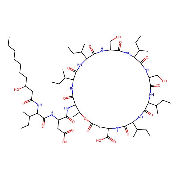 2D Structure of (4R,7R,10R,13R,16R,19R,22R,25R,28S,29R)-7,16,22-tris[(2S)-butan-2-yl]-10,25-bis[(2R)-butan-2-yl]-28-[[(2S)-3-carboxy-2-[[(2R,3S)-2-[[(3R)-3-hydroxydecanoyl]amino]-3-methylpentanoyl]amino]propanoyl]amino]-13,19-bis(hydroxymethyl)-29-methyl-2,6,9,12,15,18,21,24,27-nonaoxo-1-oxa-5,8,11,14,17,20,23,26-octazacyclononacosane-4-carboxylic acid