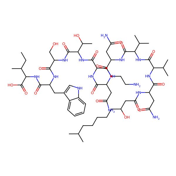 2D Structure of (2R,3R)-2-[[(2S)-2-[[(2S)-2-[[(2R,3R)-2-[[(2S)-6-amino-2-[[(2R)-4-amino-2-[[(2S)-4-amino-2-[[(2R)-2-[[(2S)-2-[[(2R)-4-amino-2-[[(3R)-3-hydroxy-9-methyldecanoyl]amino]-4-oxobutanoyl]amino]-3-methylbutanoyl]amino]-3-methylbutanoyl]amino]-4-oxobutanoyl]amino]-4-oxobutanoyl]amino]hexanoyl]amino]-3-hydroxybutanoyl]amino]-3-hydroxypropanoyl]amino]-3-(1H-indol-3-yl)propanoyl]amino]-3-methylpentanoic acid