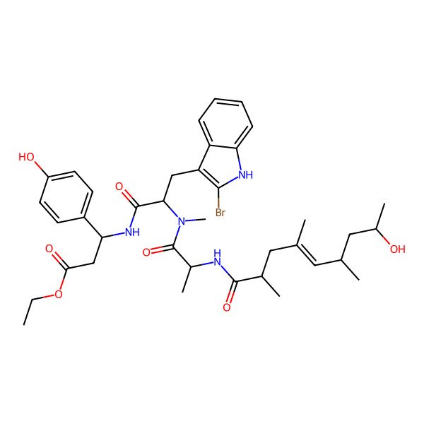 2D Structure of ethyl 3-[[3-(2-bromo-1H-indol-3-yl)-2-[2-[(8-hydroxy-2,4,6-trimethylnon-4-enoyl)amino]propanoyl-methylamino]propanoyl]amino]-3-(4-hydroxyphenyl)propanoate