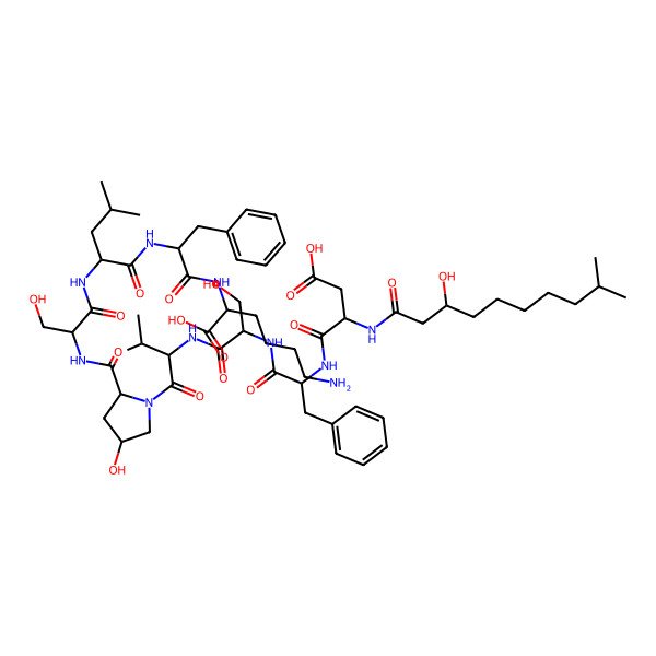 2D Structure of 6-Amino-2-[[2-[[2-[[2-[[1-[2-[[2-[[2-[[3-carboxy-2-[(3-hydroxy-9-methyldecanoyl)amino]propanoyl]amino]-3-phenylpropanoyl]amino]-3-hydroxypropanoyl]amino]-3-methylbutanoyl]-4-hydroxypyrrolidine-2-carbonyl]amino]-3-hydroxypropanoyl]amino]-4-methylpentanoyl]amino]-3-phenylpropanoyl]amino]hexanoic acid