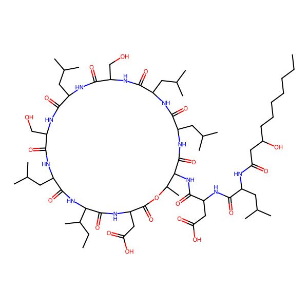 2D Structure of 4-[[6-Butan-2-yl-3-(carboxymethyl)-12,18-bis(hydroxymethyl)-28-methyl-9,15,21,24-tetrakis(2-methylpropyl)-2,5,8,11,14,17,20,23,26-nonaoxo-1-oxa-4,7,10,13,16,19,22,25-octazacyclooctacos-27-yl]amino]-3-[[2-(3-hydroxydecanoylamino)-4-methylpentanoyl]amino]-4-oxobutanoic acid