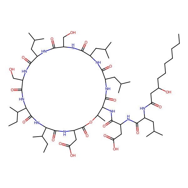 2D Structure of 4-[[6,9-Di(butan-2-yl)-3-(carboxymethyl)-12,18-bis(hydroxymethyl)-28-methyl-15,21,24-tris(2-methylpropyl)-2,5,8,11,14,17,20,23,26-nonaoxo-1-oxa-4,7,10,13,16,19,22,25-octazacyclooctacos-27-yl]amino]-3-[[2-(3-hydroxydecanoylamino)-4-methylpentanoyl]amino]-4-oxobutanoic acid