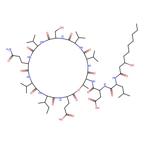 2D Structure of 4-[[12-(3-Amino-3-oxopropyl)-6-butan-2-yl-3-(2-carboxyethyl)-18-(hydroxymethyl)-28-methyl-2,5,8,11,14,17,20,23,26-nonaoxo-9,15,21,24-tetra(propan-2-yl)-1-oxa-4,7,10,13,16,19,22,25-octazacyclooctacos-27-yl]amino]-3-[[2-(3-hydroxydecanoylamino)-4-methylpentanoyl]amino]-4-oxobutanoic acid