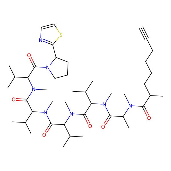 2D Structure of N,2-dimethyl-N-[1-[methyl-[3-methyl-1-[methyl-[3-methyl-1-[methyl-[3-methyl-1-[methyl-[3-methyl-1-oxo-1-[2-(1,3-thiazol-2-yl)pyrrolidin-1-yl]butan-2-yl]amino]-1-oxobutan-2-yl]amino]-1-oxobutan-2-yl]amino]-1-oxobutan-2-yl]amino]-1-oxopropan-2-yl]oct-7-ynamide