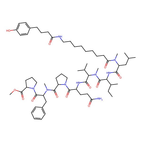 2D Structure of Methyl 1-[2-[[1-[5-amino-2-[[2-[[2-[[2-[9-[4-(4-hydroxyphenyl)butanoylamino]nonanoyl-methylamino]-4-methylpentanoyl]amino]-3-methylpentanoyl]-methylamino]-3-methylbutanoyl]amino]-5-oxopentanoyl]pyrrolidine-2-carbonyl]-methylamino]-3-phenylpropanoyl]pyrrolidine-2-carboxylate