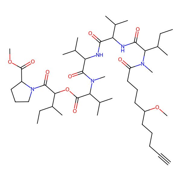 2D Structure of Methyl 1-[2-[2-[[2-[[2-[[2-[5-methoxydec-9-ynoyl(methyl)amino]-3-methylpentanoyl]amino]-3-methylbutanoyl]amino]-3-methylbutanoyl]-methylamino]-3-methylbutanoyl]oxy-3-methylpentanoyl]pyrrolidine-2-carboxylate