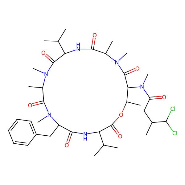 2D Structure of N-[6-benzyl-7,9,10,15,16,19-hexamethyl-2,5,8,11,14,17-hexaoxo-3,12-di(propan-2-yl)-1-oxa-4,7,10,13,16-pentazacyclononadec-18-yl]-4,4-dichloro-N,3-dimethylbutanamide