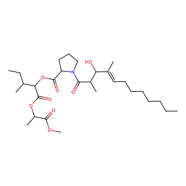 2D Structure of [1-(1-Methoxy-1-oxopropan-2-yl)oxy-3-methyl-1-oxopentan-2-yl] 1-(3-hydroxy-2,4-dimethyldodec-4-enoyl)pyrrolidine-2-carboxylate