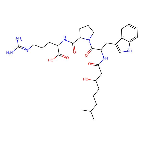 2D Structure of 5-(diaminomethylideneamino)-2-[[1-[2-[(3-hydroxy-7-methyloctanoyl)amino]-3-(1H-indol-3-yl)propanoyl]pyrrolidine-2-carbonyl]amino]pentanoic acid