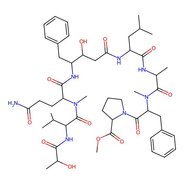 2D Structure of Methyl 1-[2-[2-[[2-[[4-[[5-amino-2-[[2-(2-hydroxypropanoylamino)-3-methylbutanoyl]-methylamino]-5-oxopentanoyl]amino]-3-hydroxy-5-phenylpentanoyl]amino]-4-methylpentanoyl]amino]propanoyl-methylamino]-3-phenylpropanoyl]pyrrolidine-2-carboxylate