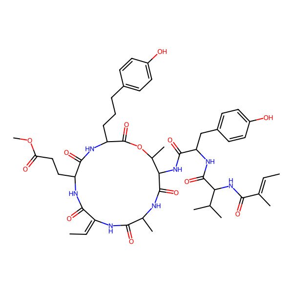 2D Structure of Methyl 3-[9-ethylidene-15-[[3-(4-hydroxyphenyl)-2-[[3-methyl-2-(2-methylbut-2-enoylamino)butanoyl]amino]propanoyl]amino]-3-[3-(4-hydroxyphenyl)propyl]-12,16-dimethyl-2,5,8,11,14-pentaoxo-1-oxa-4,7,10,13-tetrazacyclohexadec-6-yl]propanoate