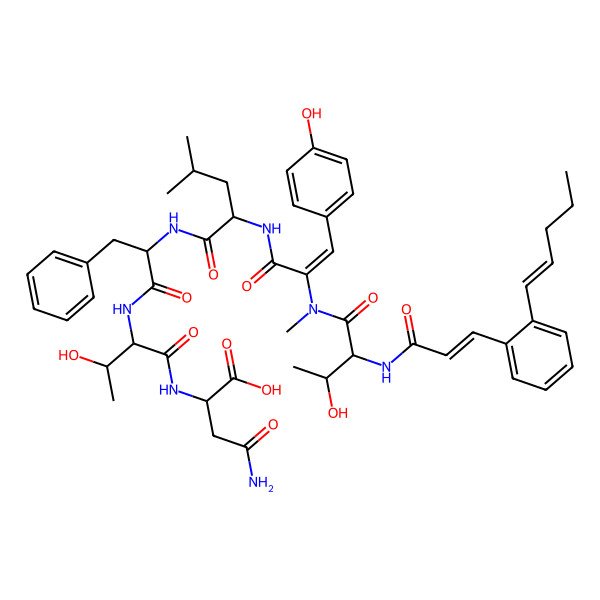2D Structure of 4-Amino-2-[[3-hydroxy-2-[[2-[[2-[[2-[[3-hydroxy-2-[3-(2-pent-1-enylphenyl)prop-2-enoylamino]butanoyl]-methylamino]-3-(4-hydroxyphenyl)prop-2-enoyl]amino]-4-methylpentanoyl]amino]-3-phenylpropanoyl]amino]butanoyl]amino]-4-oxobutanoic acid