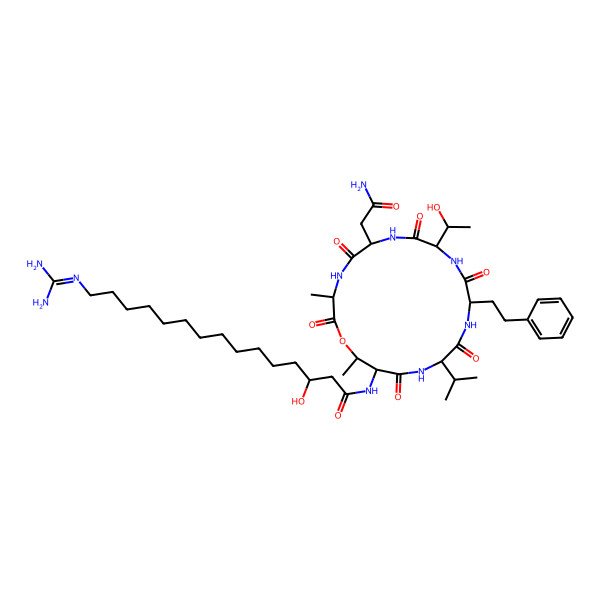 2D Structure of N-[6-(2-amino-2-oxoethyl)-9-(1-hydroxyethyl)-3,19-dimethyl-2,5,8,11,14,17-hexaoxo-12-(2-phenylethyl)-15-propan-2-yl-1-oxa-4,7,10,13,16-pentazacyclononadec-18-yl]-15-(diaminomethylideneamino)-3-hydroxypentadecanamide