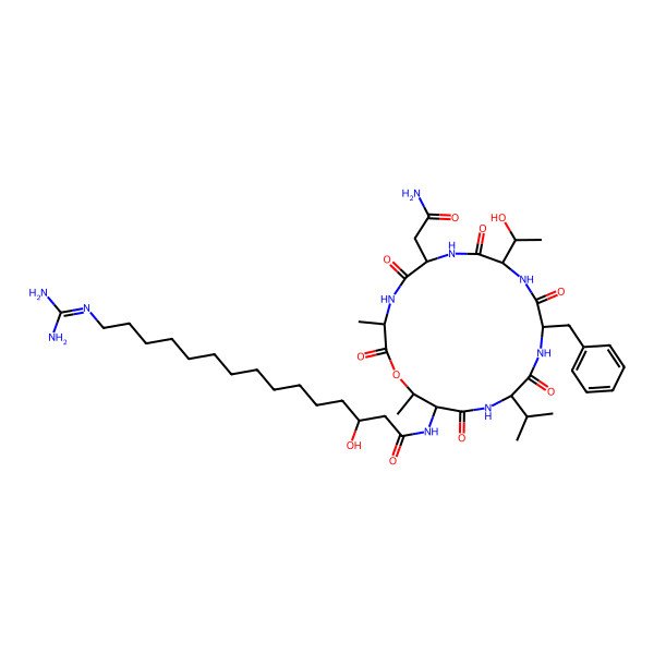 2D Structure of N-[6-(2-amino-2-oxoethyl)-12-benzyl-9-(1-hydroxyethyl)-3,19-dimethyl-2,5,8,11,14,17-hexaoxo-15-propan-2-yl-1-oxa-4,7,10,13,16-pentazacyclononadec-18-yl]-15-(diaminomethylideneamino)-3-hydroxypentadecanamide
