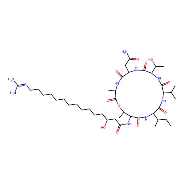 2D Structure of N-[6-(2-amino-2-oxoethyl)-15-butan-2-yl-9-(1-hydroxyethyl)-3,19-dimethyl-2,5,8,11,14,17-hexaoxo-12-propan-2-yl-1-oxa-4,7,10,13,16-pentazacyclononadec-18-yl]-15-(diaminomethylideneamino)-3-hydroxypentadecanamide