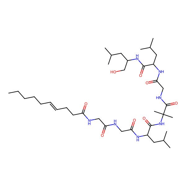 2D Structure of N-[2-[[2-[[1-[[1-[[2-[[1-[(1-hydroxy-4-methylpentan-2-yl)amino]-4-methyl-1-oxopentan-2-yl]amino]-2-oxoethyl]amino]-2-methyl-1-oxopropan-2-yl]amino]-4-methyl-1-oxopentan-2-yl]amino]-2-oxoethyl]amino]-2-oxoethyl]dec-4-enamide