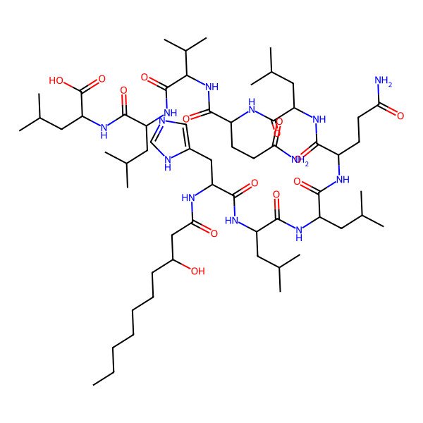 2D Structure of (2S)-2-[[(2S)-2-[[(2S)-2-[[(2S)-5-amino-2-[[(2S)-2-[[(2S)-5-amino-2-[[(2S)-2-[[(2S)-2-[[(2S)-2-(3-hydroxydecanoylamino)-3-(1H-imidazol-5-yl)propanoyl]amino]-4-methylpentanoyl]amino]-4-methylpentanoyl]amino]-5-oxopentanoyl]amino]-4-methylpentanoyl]amino]-5-oxopentanoyl]amino]-3-methylbutanoyl]amino]-4-methylpentanoyl]amino]-4-methylpentanoic acid