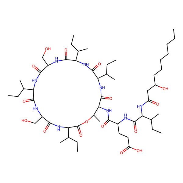 2D Structure of (4R)-5-[[(3R,6R,9S,12S,15R,18S,21R,22R)-9-[(2R)-butan-2-yl]-3,15,18-tris[(2S)-butan-2-yl]-6,12-bis(hydroxymethyl)-22-methyl-2,5,8,11,14,17,20-heptaoxo-1-oxa-4,7,10,13,16,19-hexazacyclodocos-21-yl]amino]-4-[[(2S,3S)-2-[[(3R)-3-hydroxydecanoyl]amino]-3-methylpentanoyl]amino]-5-oxopentanoic acid
