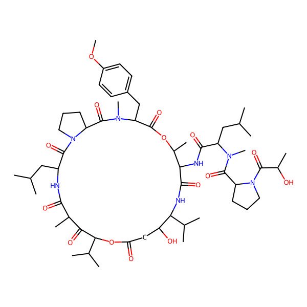 2D Structure of (2S)-N-[1-[[(3S,6S,8S,12S,13R,16S,17R,20S)-12-hydroxy-20-[(4-methoxyphenyl)methyl]-6,17,21-trimethyl-3-(2-methylpropyl)-2,5,7,10,15,19,22-heptaoxo-8,13-di(propan-2-yl)-9,18-dioxa-1,4,14,21-tetrazabicyclo[21.3.0]hexacosan-16-yl]amino]-4-methyl-1-oxopentan-2-yl]-1-[(2S)-2-hydroxypropanoyl]-N-methylpyrrolidine-2-carboxamide