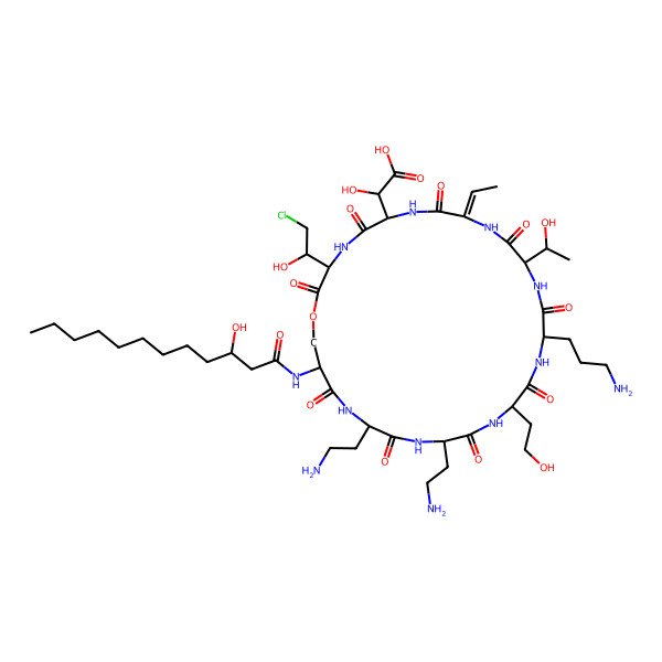2D Structure of 2-[(3S,6S,9Z,12S,15S,18R,21S,24R,27S)-21,24-bis(2-aminoethyl)-15-(3-aminopropyl)-3-[(1S)-2-chloro-1-hydroxyethyl]-9-ethylidene-27-(3-hydroxydodecanoylamino)-12-[(1S)-1-hydroxyethyl]-18-(2-hydroxyethyl)-2,5,8,11,14,17,20,23,26-nonaoxo-1-oxa-4,7,10,13,16,19,22,25-octazacyclooctacos-6-yl]-2-hydroxyacetic acid