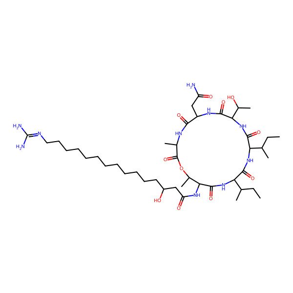2D Structure of (3R)-N-[(3R,6R,9R,12S,15R,18S,19R)-6-(2-amino-2-oxoethyl)-15-[(2S)-butan-2-yl]-12-[(2R)-butan-2-yl]-9-[(1R)-1-hydroxyethyl]-3,19-dimethyl-2,5,8,11,14,17-hexaoxo-1-oxa-4,7,10,13,16-pentazacyclononadec-18-yl]-15-(diaminomethylideneamino)-3-hydroxypentadecanamide