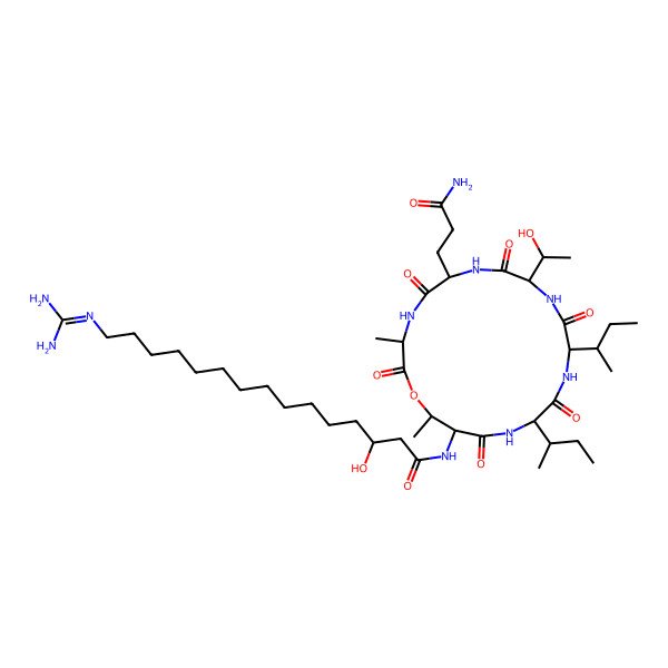 2D Structure of (3R)-N-[(3R,6R,9R,12S,15R,18S,19R)-6-(3-amino-3-oxopropyl)-15-[(2S)-butan-2-yl]-12-[(2R)-butan-2-yl]-9-[(1R)-1-hydroxyethyl]-3,19-dimethyl-2,5,8,11,14,17-hexaoxo-1-oxa-4,7,10,13,16-pentazacyclononadec-18-yl]-15-(diaminomethylideneamino)-3-hydroxypentadecanamide