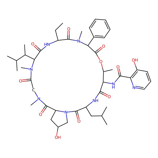 2D Structure of N-[(3R,6S,7R,10S,13S,16S,22R,24R)-13-ethyl-24-hydroxy-7,11,17,20-tetramethyl-16-(3-methylbutan-2-yl)-3-(2-methylpropyl)-2,5,9,12,15,18,21-heptaoxo-10-phenyl-8-oxa-1,4,11,14,17,20-hexazabicyclo[20.3.0]pentacosan-6-yl]-3-hydroxypyridine-2-carboxamide