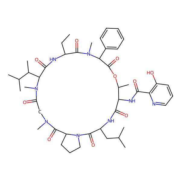 2D Structure of N-[(3R,6S,7R,10S,13S,16S,22R)-13-ethyl-7,11,17,20-tetramethyl-16-(3-methylbutan-2-yl)-3-(2-methylpropyl)-2,5,9,12,15,18,21-heptaoxo-10-phenyl-8-oxa-1,4,11,14,17,20-hexazabicyclo[20.3.0]pentacosan-6-yl]-3-hydroxypyridine-2-carboxamide