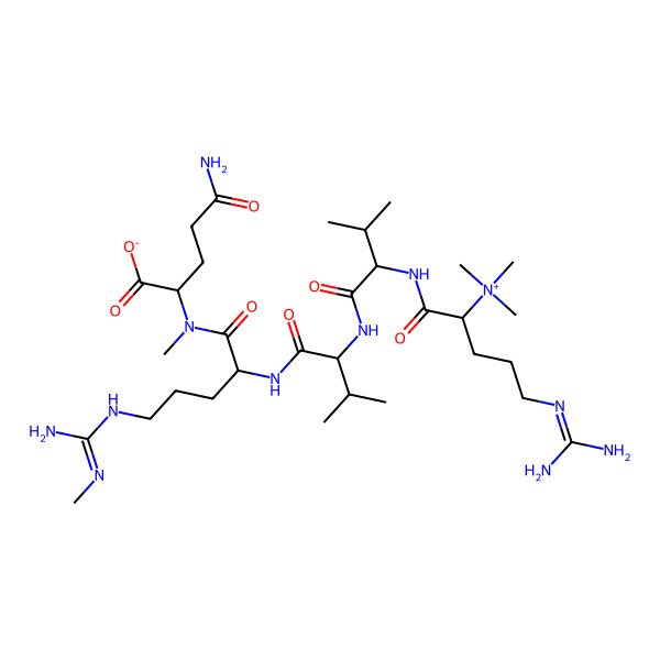 2D Structure of (2S)-5-amino-2-[[(2R)-2-[[(2R)-2-[[(2S)-2-[[(2R)-5-(diaminomethylideneamino)-2-(trimethylazaniumyl)pentanoyl]amino]-3-methylbutanoyl]amino]-3-methylbutanoyl]amino]-5-[(N'-methylcarbamimidoyl)amino]pentanoyl]-methylamino]-5-oxopentanoate
