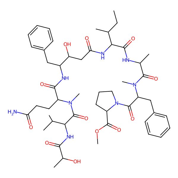2D Structure of methyl (2S)-1-[(2S)-2-[[(2S)-2-[[(2S,3R)-2-[[(3S,4S)-4-[[(2S)-5-amino-2-[[(2S)-2-[[(2S)-2-hydroxypropanoyl]amino]-3-methylbutanoyl]-methylamino]-5-oxopentanoyl]amino]-3-hydroxy-5-phenylpentanoyl]amino]-3-methylpentanoyl]amino]propanoyl]-methylamino]-3-phenylpropanoyl]pyrrolidine-2-carboxylate