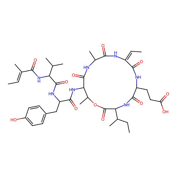 2D Structure of 3-[(3S,6R,9Z,12S,15S,16R)-3-[(2S)-butan-2-yl]-9-ethylidene-15-[[(2S)-3-(4-hydroxyphenyl)-2-[[(2S)-3-methyl-2-[[(E)-2-methylbut-2-enoyl]amino]butanoyl]amino]propanoyl]amino]-12,16-dimethyl-2,5,8,11,14-pentaoxo-1-oxa-4,7,10,13-tetrazacyclohexadec-6-yl]propanoic acid