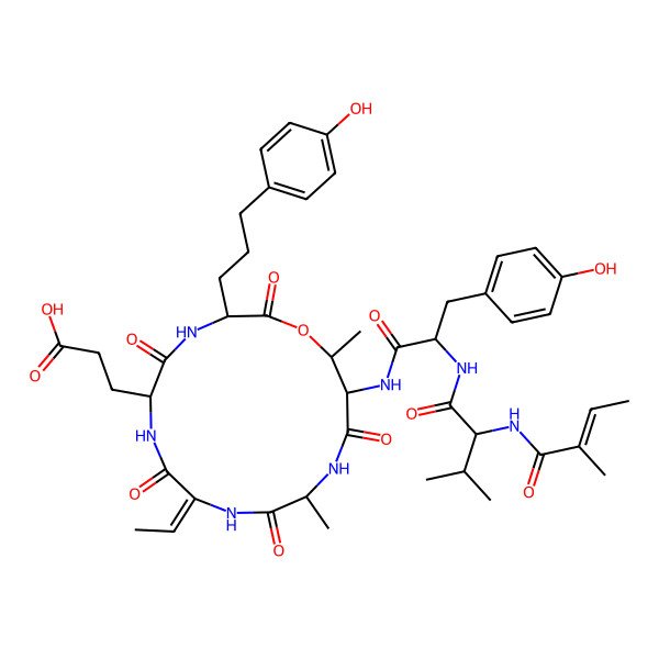 2D Structure of 3-[(3S,6R,9Z,12S,15S,16R)-9-ethylidene-15-[[(2S)-3-(4-hydroxyphenyl)-2-[[(2S)-3-methyl-2-[[(E)-2-methylbut-2-enoyl]amino]butanoyl]amino]propanoyl]amino]-3-[3-(4-hydroxyphenyl)propyl]-12,16-dimethyl-2,5,8,11,14-pentaoxo-1-oxa-4,7,10,13-tetrazacyclohexadec-6-yl]propanoic acid