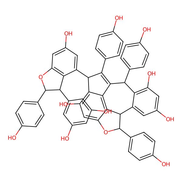 2D Structure of (3S,9S,10S,17R)-3-[(2S,3S)-3-(3,5-dihydroxyphenyl)-6-hydroxy-2-(4-hydroxyphenyl)-2,3-dihydro-1-benzofuran-4-yl]-2,9,17-tris(4-hydroxyphenyl)-8-oxapentacyclo[8.7.2.04,18.07,19.011,16]nonadeca-1,4(18),5,7(19),11(16),12,14-heptaene-5,13,15-triol