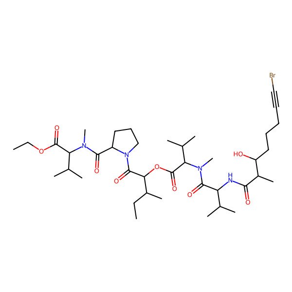 2D Structure of Ethyl 2-[[1-[2-[2-[[2-[(8-bromo-3-hydroxy-2-methyloct-7-ynoyl)amino]-3-methylbutanoyl]-methylamino]-3-methylbutanoyl]oxy-3-methylpentanoyl]pyrrolidine-2-carbonyl]-methylamino]-3-methylbutanoate