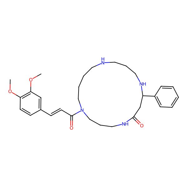 2D Structure of (8S)-1-[(E)-3-(3,4-dimethoxyphenyl)prop-2-enoyl]-8-phenyl-1,5,9,13-tetrazacycloheptadecan-6-one