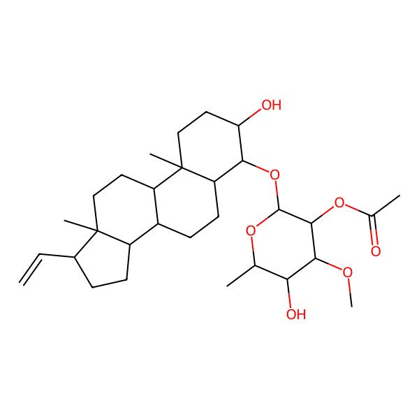 2D Structure of alpha-L-Galactopyranoside, (3beta,4beta,5beta)-3-hydroxypregn-20-en-4-yl 6-deoxy-3-O-methyl-, 2-acetate