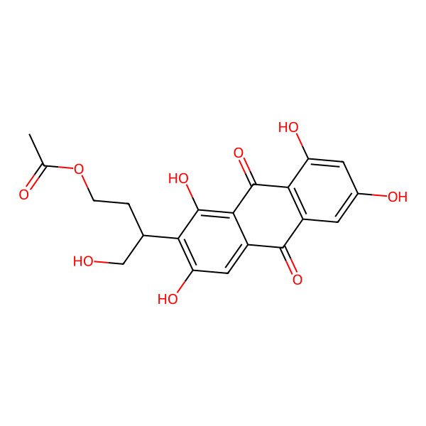 2D Structure of 4-Hydroxy-3-(1,3,6,8-tetrahydroxy-9,10-dioxo-9,10-dihydroanthracen-2-yl)butyl acetate