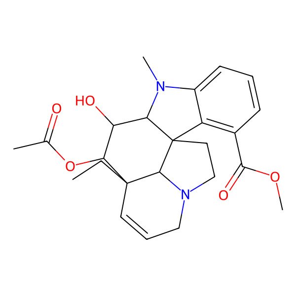 2D Structure of Methyl 11-acetyloxy-12-ethyl-10-hydroxy-8-methyl-8,16-diazapentacyclo[10.6.1.01,9.02,7.016,19]nonadeca-2,4,6,13-tetraene-3-carboxylate