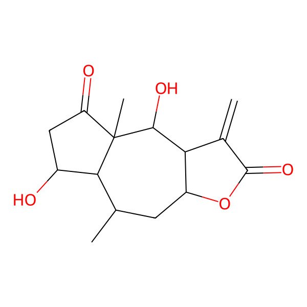 2D Structure of (3aR,5R,5aS,6S,8aR,9R,9aS)-6,9-dihydroxy-5,8a-dimethyl-1-methylidene-3a,4,5,5a,6,7,9,9a-octahydroazuleno[6,7-b]furan-2,8-dione