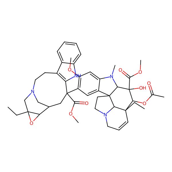 2D Structure of methyl (13S,15R,16R,18S)-13-[(1R,9R,10S,11R,12R,19R)-11-acetyloxy-12-ethyl-10-hydroxy-5-methoxy-10-methoxycarbonyl-8-methyl-8,16-diazapentacyclo[10.6.1.01,9.02,7.016,19]nonadeca-2,4,6,13-tetraen-4-yl]-18-ethyl-17-oxa-1,11-diazapentacyclo[13.4.1.04,12.05,10.016,18]icosa-4(12),5,7,9-tetraene-13-carboxylate