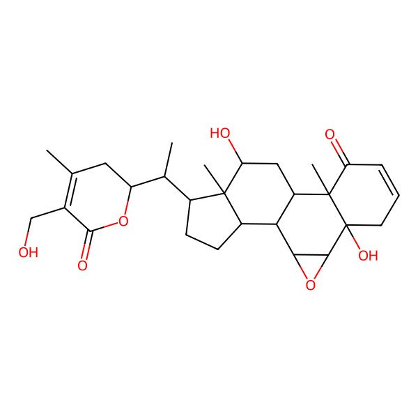 2D Structure of (1S,2S,4S,5R,10R,11S,13R,14R,15R,18S)-5,13-dihydroxy-15-[(1S)-1-[(2R)-5-(hydroxymethyl)-4-methyl-6-oxo-2,3-dihydropyran-2-yl]ethyl]-10,14-dimethyl-3-oxapentacyclo[9.7.0.02,4.05,10.014,18]octadec-7-en-9-one