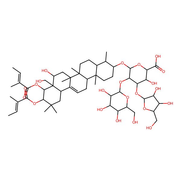 2D Structure of (2S,3S,4S,5R,6R)-6-[[(3S,4S,4aS,6aR,6bS,8R,8aR,9R,10R,12aS,14aR,14bS)-8-hydroxy-8a-(hydroxymethyl)-4,6a,6b,11,11,14b-hexamethyl-9,10-bis[[(Z)-2-methylbut-2-enoyl]oxy]-2,3,4,4a,5,6,7,8,9,10,12,12a,14,14a-tetradecahydro-1H-picen-3-yl]oxy]-4-[(2S,3R,4R,5S)-3,4-dihydroxy-5-(hydroxymethyl)oxolan-2-yl]oxy-3-hydroxy-5-[(2S,3R,4S,5R,6R)-3,4,5-trihydroxy-6-(hydroxymethyl)oxan-2-yl]oxyoxane-2-carboxylic acid