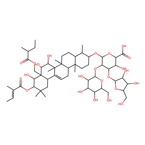 2D Structure of (2S,3S,4S,5R,6R)-6-[[(3S,4S,4aS,6aR,6bS,7R,8S,8aR,9R,10R,12aS,14aR,14bS)-7,8,9-trihydroxy-4,6a,6b,11,11,14b-hexamethyl-8a-(2-methylbutanoyloxymethyl)-10-[(Z)-2-methylbut-2-enoyl]oxy-2,3,4,4a,5,6,7,8,9,10,12,12a,14,14a-tetradecahydro-1H-picen-3-yl]oxy]-4-[(2S,3R,4R,5S)-3,4-dihydroxy-5-(hydroxymethyl)oxolan-2-yl]oxy-3-hydroxy-5-[(2S,3R,4S,5S,6R)-3,4,5-trihydroxy-6-(hydroxymethyl)oxan-2-yl]oxyoxane-2-carboxylic acid