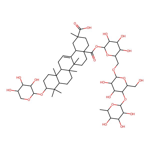 2D Structure of (2R,4aR,6aR,6aS,6bR,8aR,10S,12aR,14bS)-4a-[(2S,3R,4S,5S,6R)-6-[[(2R,3R,4R,5S,6R)-3,4-dihydroxy-6-(hydroxymethyl)-5-[(2S,3R,4R,5R,6S)-3,4,5-trihydroxy-6-methyloxan-2-yl]oxyoxan-2-yl]oxymethyl]-3,4,5-trihydroxyoxan-2-yl]oxycarbonyl-2,6a,6b,9,9,12a-hexamethyl-10-[(2S,3R,4S,5R)-3,4,5-trihydroxyoxan-2-yl]oxy-1,3,4,5,6,6a,7,8,8a,10,11,12,13,14b-tetradecahydropicene-2-carboxylic acid