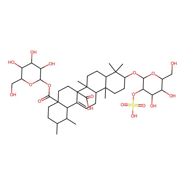 2D Structure of (1S,2R,4aS,6aR,6aR,6bR,8aR,10S,12aR,14bS)-10-[(2R,3R,4S,5S,6R)-4,5-dihydroxy-6-(hydroxymethyl)-3-sulfooxyoxan-2-yl]oxy-1,2,6b,9,9,12a-hexamethyl-4a-[(2S,3R,4S,5S,6R)-3,4,5-trihydroxy-6-(hydroxymethyl)oxan-2-yl]oxycarbonyl-2,3,4,5,6,6a,7,8,8a,10,11,12,13,14b-tetradecahydro-1H-picene-6a-carboxylic acid